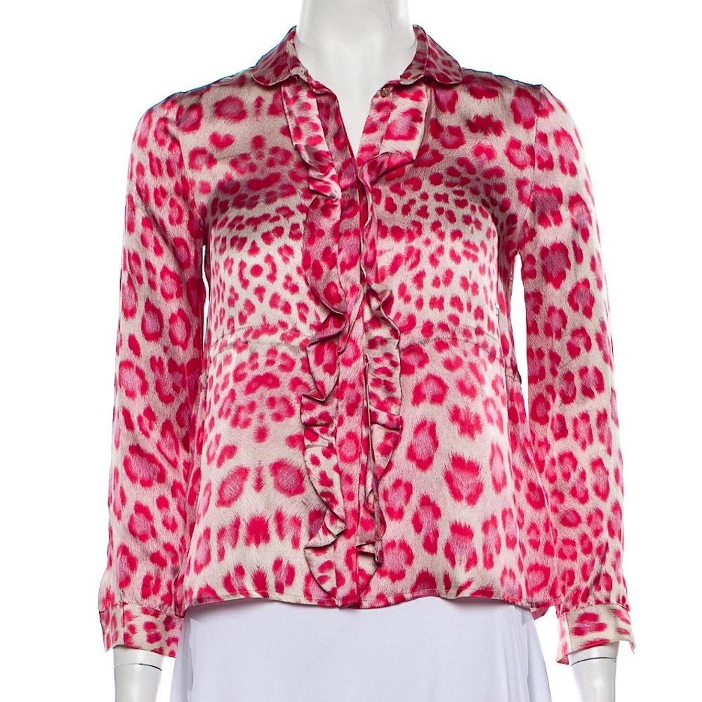 Roberto Cavalli Silk Pink Leopard Ruffle Front Print Blouse!  EUC!  Size XS